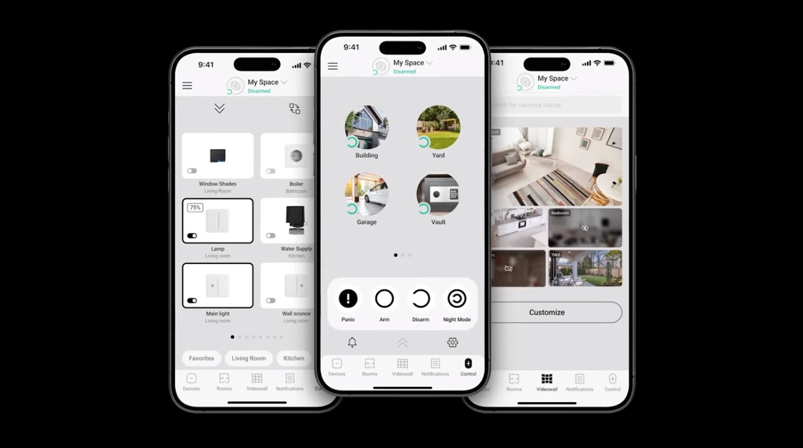 Ajax home security app with room zones, arming controls, and camera videowall